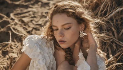 1girl,solo,long hair,blonde hair,brown hair,shirt,jewelry,closed eyes,white shirt,upper body,braid,earrings,frills,parted lips,dark skin,mole,blurry,dark-skinned female,lips,eyelashes,mole under eye,depth of field,blurry background,plant,mole under mouth,facing viewer,freckles,realistic,mole on cheek,dress,makeup,facial mark,frilled sleeves,portrait,curly hair,forehead mark