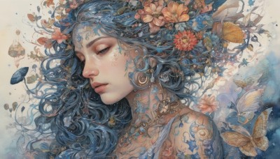 1girl,solo,long hair,blue eyes,hair ornament,jewelry,closed mouth,blue hair,upper body,flower,earrings,artist name,hair flower,necklace,lips,eyelashes,tattoo,profile,floating hair,leaf,traditional media,bug,butterfly,portrait,freckles,bare shoulders,from side,gem,fish,painting (medium),forehead jewel