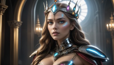 HQ,1girl,solo,long hair,breasts,looking at viewer,blue eyes,large breasts,brown hair,cleavage,jewelry,medium breasts,closed mouth,upper body,indoors,armor,blurry,lips,makeup,blurry background,heterochromia,facial mark,tiara,crown,shoulder armor,gem,portrait,pauldrons,realistic,nose,forehead jewel,pillar,gorget,window,glowing,wavy hair,backlighting