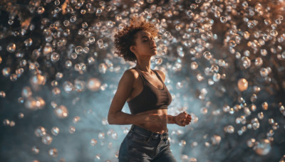 1girl, solo, breasts, short hair, brown hair, cleavage, medium breasts, closed eyes, midriff, pants, dark skin, dark-skinned female, denim, bubble, jeans, sports bra, underwater, air bubble