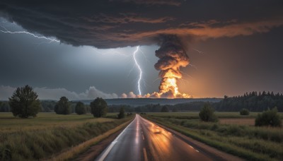 outdoors,sky,cloud,tree,no humans,cloudy sky,grass,nature,scenery,forest,smoke,mountain,electricity,road,bush,lightning,railroad tracks,fire,field,explosion,path