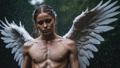 solo,long hair,brown hair,black hair,1boy,closed mouth,nipples,closed eyes,upper body,male focus,nude,wings,blurry,wet,blurry background,pectorals,feathered wings,facing viewer,rain,angel wings,realistic,white wings,angel,short hair,collarbone,dark skin,muscular,dark-skinned male,muscular male