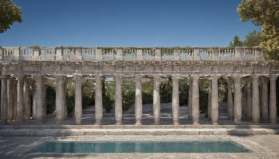 outdoors,sky,day,cloud,tree,blue sky,no humans,shadow,sunlight,plant,scenery,stairs,road,pillar,column,water,building,fantasy,ruins,bridge,arch,overgrown