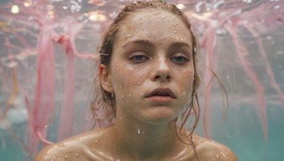 1girl,solo,long hair,looking at viewer,blue eyes,blonde hair,brown hair,nude,parted lips,water,blurry,lips,wet,blurry background,portrait,underwater,realistic,wet hair,bare shoulders,collarbone,freckles