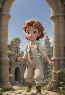 1girl,solo,looking at viewer,smile,short hair,brown hair,shirt,hair ornament,long sleeves,jewelry,closed mouth,green eyes,standing,full body,white shirt,boots,outdoors,sky,day,puffy sleeves,belt,pants,medium hair,necklace,flat chest,blue sky,brown footwear,grass,plant,building,child,freckles,walking,curly hair,white pants,female child,pillar,church,column,body freckles,red hair,orange hair,lips