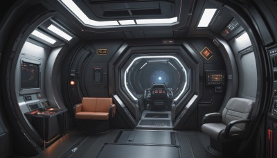 indoors,no humans,reflection,science fiction,realistic,cable,space,spacecraft,spacesuit,cockpit,seat,chair,robot,box,scenery,couch,wooden floor,light,monitor