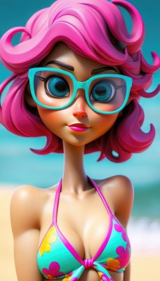 1girl,solo,breasts,looking at viewer,smile,short hair,blue eyes,cleavage,bare shoulders,medium breasts,collarbone,swimsuit,upper body,pink hair,bikini,small breasts,glasses,day,blurry,lips,eyelashes,makeup,ocean,beach,floral print,sunglasses,lipstick,tan,front-tie top,multicolored clothes,blue bikini,eyeshadow,curly hair,blue-framed eyewear,open mouth,outdoors,parted lips,watermark,bikini top only,web address,strap gap,tinted eyewear