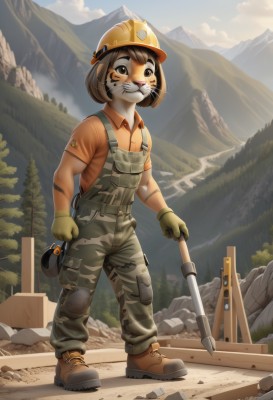 1girl,solo,looking at viewer,smile,short hair,brown hair,shirt,gloves,hat,holding,brown eyes,standing,full body,short sleeves,boots,outdoors,sky,shoes,teeth,day,collared shirt,pants,cloud,uniform,black eyes,tree,brown footwear,helmet,furry,rock,mountain,furry female,overalls,dirty,green gloves,whiskers,mountainous horizon,wrench,shovel,hardhat,bangs,animal ears,artist name,signature,buttons,watermark,sunlight,pocket,whisker markings,facepaint,camouflage,orange shirt