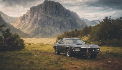 outdoors,sky,day,cloud,tree,no humans,cloudy sky,grass,ground vehicle,nature,scenery,motor vehicle,forest,mountain,car,road,vehicle focus,landscape,mountainous horizon,field