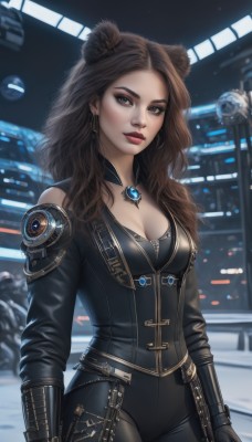 1girl,solo,long hair,breasts,looking at viewer,brown hair,gloves,long sleeves,animal ears,cleavage,brown eyes,jewelry,medium breasts,closed mouth,standing,jacket,cowboy shot,earrings,black gloves,belt,pants,artist name,fingerless gloves,blurry,lips,black jacket,bodysuit,makeup,blurry background,wavy hair,black pants,lipstick,eyeshadow,science fiction,realistic,red lips,leather,lion ears,black hair,necklace,mole,freckles,nose,bear ears