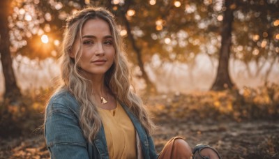 1girl,solo,long hair,looking at viewer,brown hair,shirt,holding,brown eyes,jewelry,closed mouth,jacket,upper body,outdoors,open clothes,dark skin,necklace,blurry,dark-skinned female,tree,lips,depth of field,blurry background,wavy hair,denim,blue jacket,yellow shirt,realistic,nose,bokeh,denim jacket,smile,blonde hair,parted lips,bag,open jacket,grey eyes,thick eyebrows,nature,forest,handbag