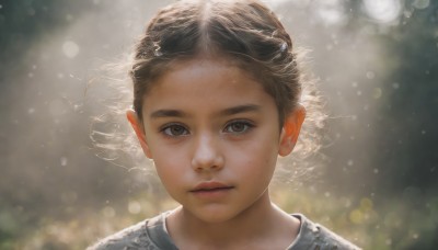 1girl,solo,looking at viewer,short hair,brown hair,black hair,brown eyes,closed mouth,mole,blurry,lips,depth of field,blurry background,portrait,freckles,realistic,bokeh,mole on cheek,artist name,signature,eyelashes,expressionless,light particles,close-up,backlighting,nose