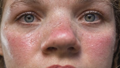 1girl,solo,looking at viewer,blue eyes,brown hair,signature,blurry,lips,grey eyes,eyelashes,portrait,close-up,freckles,reflection,realistic,nose,eye focus,blush,green eyes,sweat