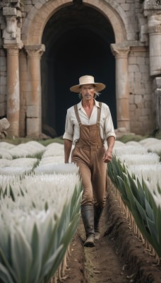 solo,looking at viewer,brown hair,shirt,1boy,hat,standing,full body,white shirt,male focus,boots,outdoors,pants,dark skin,blurry,facial hair,suspenders,grass,beard,sleeves rolled up,walking,mustache,brown headwear,straw hat,overalls,pillar,blonde hair,collared shirt,black footwear,depth of field,scar,brown pants,arch