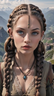 1girl,solo,long hair,breasts,looking at viewer,blue eyes,brown hair,cleavage,jewelry,medium breasts,collarbone,upper body,braid,earrings,outdoors,parted lips,teeth,day,necklace,blurry,twin braids,lips,grey eyes,eyelashes,blurry background,gem,hair over shoulder,forehead,pendant,freckles,mountain,realistic,nose,mountainous horizon,multiple braids,hair ornament,piercing,sunlight,o-ring