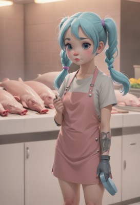 1girl,solo,long hair,breasts,looking at viewer,blush,blue eyes,shirt,gloves,holding,twintails,closed mouth,blue hair,standing,collarbone,white shirt,braid,short sleeves,cowboy shot,small breasts,food,black gloves,artist name,indoors,blurry,apron,twin braids,lips,aqua hair,tattoo,fruit,blurry background,knife,t-shirt,bandaid,single glove,freckles,hair tie,holding knife,kitchen,pink apron,bangs,aqua eyes,loli,depth of field,expressionless,aged down,pig