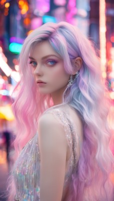 1girl,solo,long hair,looking at viewer,blue eyes,dress,bare shoulders,jewelry,closed mouth,upper body,pink hair,multicolored hair,earrings,sleeveless,blurry,from side,two-tone hair,lips,see-through,looking to the side,eyelashes,makeup,depth of field,blurry background,wavy hair,eyeshadow,realistic,nose,bokeh,breasts,bangs,white hair,artist name,gradient hair,expressionless,gem,pink lips,mascara