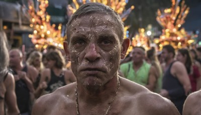 looking at viewer,short hair,multiple girls,1boy,dress,bare shoulders,jewelry,closed mouth,upper body,grey hair,male focus,outdoors,multiple boys,solo focus,necklace,blurry,black eyes,night,depth of field,blurry background,6+boys,realistic,old,fireworks,old man,crowd,people,earrings,grey eyes,facial hair,portrait