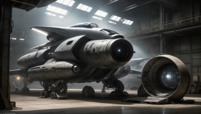 HQ,indoors,signature,military,no humans,window,robot,mecha,machinery,science fiction,realistic,aircraft,military vehicle,vehicle focus,spacecraft,lights,non-humanoid robot,cockpit,dated