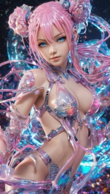 1girl,solo,long hair,breasts,looking at viewer,bangs,blue eyes,hair ornament,navel,cleavage,hair between eyes,bare shoulders,twintails,medium breasts,pink hair,sidelocks,parted lips,shiny,hair bun,blurry,lips,see-through,double bun,revealing clothes,science fiction,realistic,bikini armor,jewelry,flower,hair flower,watermark,cable