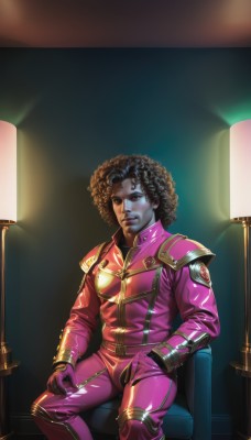 solo,looking at viewer,brown hair,black hair,gloves,1boy,brown eyes,sitting,male focus,dark skin,lips,bodysuit,colored skin,chair,curly hair,realistic,nose,pilot suit,afro,jacket,uniform,military,military uniform,parody,hand in pocket,lamp,pink bodysuit