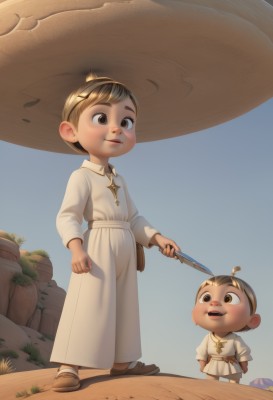 1girl,smile,short hair,open mouth,brown hair,long sleeves,1boy,dress,holding,brown eyes,closed mouth,standing,full body,weapon,outdoors,multiple boys,sky,day,2boys,blue sky,siblings,sandals,knife,child,holding knife,male child,hat,jewelry,male focus,earrings,teeth,necklace,lips,brown footwear,looking up,robe,nose,stud earrings,tunic,white robe