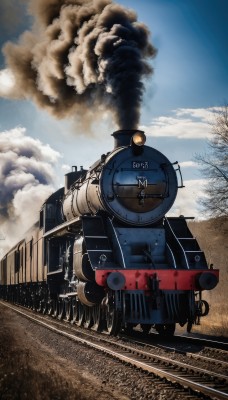 outdoors,sky,day,cloud,tree,blue sky,military,no humans,cloudy sky,ground vehicle,scenery,motor vehicle,smoke,military vehicle,tank,vehicle focus,train,caterpillar tracks,railroad tracks,damaged,train station