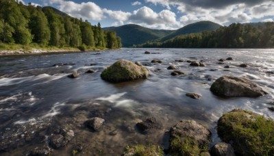 outdoors,sky,day,cloud,water,tree,blue sky,no humans,cloudy sky,grass,nature,scenery,forest,rock,mountain,river,landscape,ocean,mountainous horizon,shore