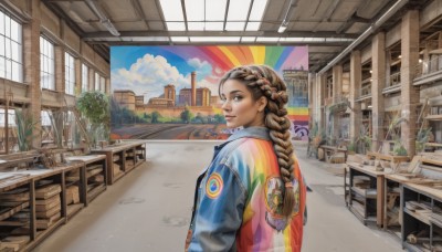 1girl,solo,long hair,looking at viewer,smile,brown hair,hair ornament,brown eyes,jacket,upper body,braid,outdoors,sky,day,looking back,cloud,indoors,twin braids,tree,lips,window,single braid,chair,table,sunlight,plant,blue jacket,building,scenery,multicolored clothes,city,realistic,nose,potted plant,rainbow,from behind,letterman jacket