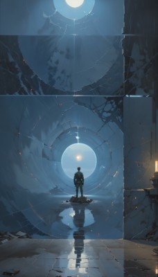 solo,short hair,1boy,standing,weapon,male focus,outdoors,sky,cloud,water,from behind,night,moon,scenery,1other,full moon,reflection,science fiction,ruins,wide shot,ambiguous gender,spacesuit,pants,indoors,facing away,light,space,planet,crack,reflective floor,astronaut