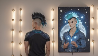 blue eyes,shirt,black hair,1boy,closed mouth,blue hair,closed eyes,upper body,male focus,multicolored hair,multiple boys,2boys,star (symbol),two-tone hair,black shirt,multiple views,moon,spiked hair,star (sky),starry sky,reflection,mirror,space,planet,orb,mohawk,different reflection,split screen,solo,long hair,ponytail,sky,artist name,from behind,tattoo,night,piercing,night sky,realistic,undercut