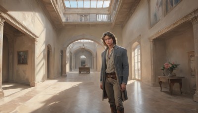 1girl,solo,long hair,looking at viewer,smile,brown hair,shirt,black hair,long sleeves,1boy,brown eyes,jewelry,closed mouth,standing,jacket,white shirt,flower,male focus,boots,open clothes,day,belt,pants,indoors,necklace,cup,lips,coat,window,shadow,chair,brown footwear,table,sunlight,blue jacket,scenery,buckle,pink flower,walking,light rays,belt buckle,door,arms at sides,brown pants,blue coat,vase,picture frame,painting (object),arch,short hair,holding,multiple boys,solo focus,collared shirt,medium hair,book,plant,potted plant,brown belt,wide shot,portrait (object)