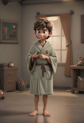 solo,looking at viewer,short hair,brown hair,1boy,brown eyes,closed mouth,standing,full body,male focus,japanese clothes,barefoot,indoors,blurry,window,toes,stuffed toy,thick eyebrows,stuffed animal,curtains,child,teddy bear,male child,bedroom,toy,drawer,black eyes,messy hair,robe,dougi,bathrobe