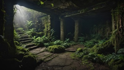 outdoors,day,tree,no humans,sunlight,grass,plant,nature,scenery,forest,light rays,stairs,sunbeam,ruins,vines,green theme,pillar,moss,overgrown,rock