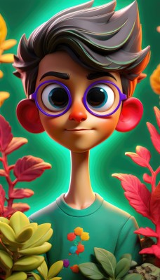 solo,looking at viewer,smile,short hair,brown hair,shirt,black hair,1boy,brown eyes,closed mouth,upper body,flower,grey hair,male focus,glasses,artist name,leaf,plant,red flower,t-shirt,child,green background,yellow flower,green shirt,purple flower,male child,blue eyes,watermark,spiked hair,web address,skull