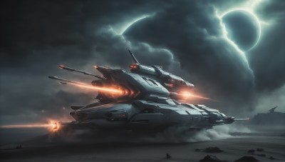 HQ,sky,cloud,signature,military,no humans,night,glowing,ocean,moon,cloudy sky,robot,mecha,smoke,flying,science fiction,realistic,aircraft,military vehicle,vehicle focus,spacecraft,lights,scenery,battle,planet