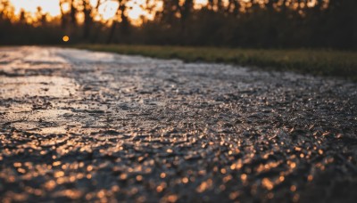 outdoors,water,blurry,tree,no humans,night,depth of field,blurry background,sunlight,grass,nature,scenery,reflection,river,bokeh,sky,building,city,road,cityscape,field,landscape,photo background,city lights