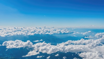 monochrome,outdoors,sky,day,cloud,blue sky,no humans,ocean,cloudy sky,scenery,blue theme,horizon,landscape,above clouds,water