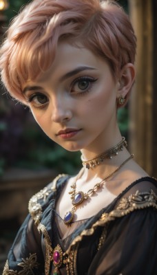 1girl,solo,looking at viewer,short hair,blonde hair,dress,brown eyes,jewelry,closed mouth,collarbone,upper body,pink hair,earrings,choker,puffy sleeves,artist name,necklace,blurry,lips,eyelashes,tattoo,makeup,depth of field,blurry background,gem,pendant,freckles,realistic,nose,very short hair,mascara,brown hair,portrait