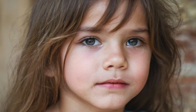 1girl,solo,long hair,looking at viewer,bangs,brown hair,brown eyes,closed mouth,blurry,lips,grey eyes,eyelashes,depth of field,blurry background,portrait,close-up,realistic,nose,blue eyes,expressionless,messy hair