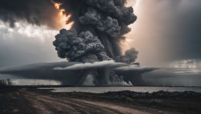 flower,outdoors,sky,cloud,water,tree,no humans,cloudy sky,grass,fire,nature,scenery,smoke,mountain,landscape,fog,burning,monochrome,day,sunlight,field