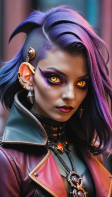 1girl,solo,long hair,looking at viewer,hair ornament,jewelry,closed mouth,blue hair,jacket,yellow eyes,upper body,purple hair,multicolored hair,earrings,open clothes,choker,artist name,dark skin,necklace,blurry,two-tone hair,open jacket,official alternate costume,dark-skinned female,lips,eyelashes,makeup,blurry background,piercing,cross,lipstick,ear piercing,portrait,pendant,eyeshadow,asymmetrical hair,realistic,nose,red lips,stud earrings,eyeliner,undercut,purple lips,mascara,k/da (league of legends),breasts,black hair,orange eyes,glowing,glowing eyes