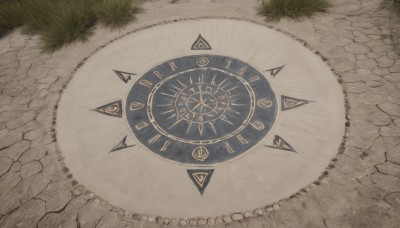 outdoors,no humans,shadow,from above,traditional media,grass,scenery,road,still life,path,roman numeral,pavement,clock