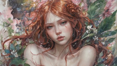 1girl,solo,long hair,looking at viewer,blue eyes,hair ornament,bare shoulders,collarbone,upper body,flower,nude,red hair,parted lips,hair flower,orange hair,lips,grey eyes,eyelashes,leaf,bug,plant,butterfly,portrait,freckles,realistic,nose,red lips,painting (medium),bangs,green eyes,parted bangs,facial mark,white flower