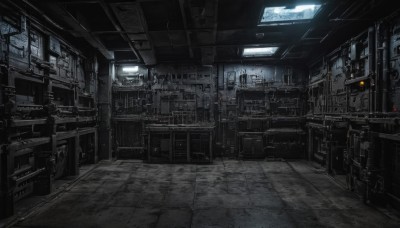 monochrome,indoors,no humans,window,scenery,science fiction,cable,chair,sunlight,light rays,stairs,realistic,tiles,light,dark,tile floor,planet,ceiling light