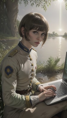 1girl,solo,looking at viewer,short hair,bangs,brown hair,black hair,long sleeves,brown eyes,sitting,jacket,outdoors,parted lips,day,belt,pants,water,uniform,black eyes,tree,lips,military,military uniform,buttons,sunlight,bob cut,white jacket,grass,epaulettes,realistic,nose,sun,computer,brown pants,river,laptop,lake,closed mouth,fingernails,grey eyes,military jacket