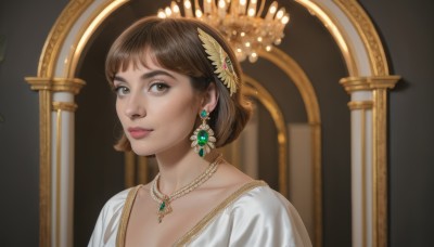 1girl,solo,looking at viewer,smile,short hair,bangs,brown hair,hair ornament,dress,brown eyes,jewelry,collarbone,upper body,earrings,parted lips,necklace,white dress,lips,gem,portrait,realistic,nose,pillar,blurry,makeup,butterfly hair ornament