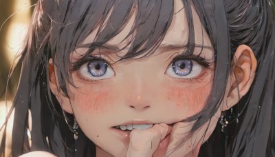 1girl,solo,long hair,looking at viewer,blush,bangs,blue eyes,black hair,jewelry,ponytail,earrings,parted lips,teeth,mole,blurry,lips,eyelashes,depth of field,blurry background,portrait,mole under mouth,close-up,hand on own face,biting,eye focus,purple eyes,solo focus,pov,fangs,1other,mole on cheek