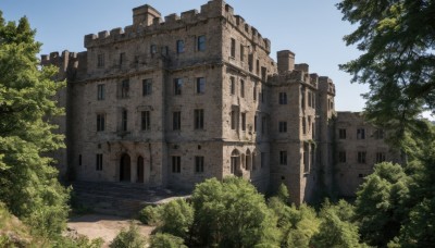 outdoors,sky,day,cloud,tree,blue sky,no humans,window,grass,plant,building,nature,scenery,forest,road,bush,path,stairs,ruins,arch