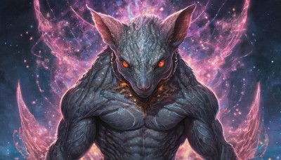 solo,looking at viewer,red eyes,1boy,animal ears,closed mouth,upper body,male focus,orange eyes,no humans,muscular,glowing,abs,slit pupils,star (sky),glowing eyes,furry,veins,monster,scales,furry male,starry background,colored skin,spikes,realistic